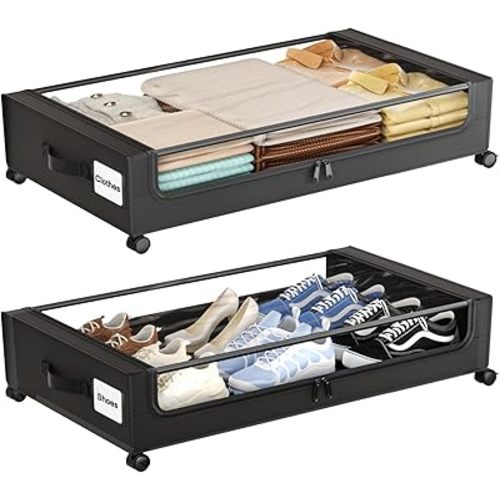 Under Bed Storage with Wheels,XXL 60L Under Bed Storage Containers with Clear Lids, Rolling Under Bed Metal Drawer for Clothes, Shoes,Toys (Black, 2 Pack)