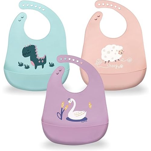 Silicone Baby Bibs with Food Catcher (Set of 3) - BPA Free Plastic, Durable and Adjustable Bib - Silicone Bibs for Babies, Toddlers, Boys, and Girls- Rubber Bibs - Silicone Baby Bibs with Pouch