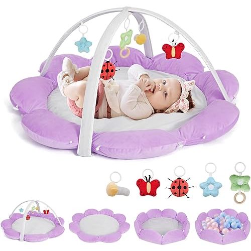 Palopalo 5-in-1 Thick & Plush Baby Play Gym with 5 Toys, Convertible Tummy Time Activity Mat for Stage-Based Sensory and Motor Skill Development, Baby Gym Ball Pit, Newborn Essentials (Purple)