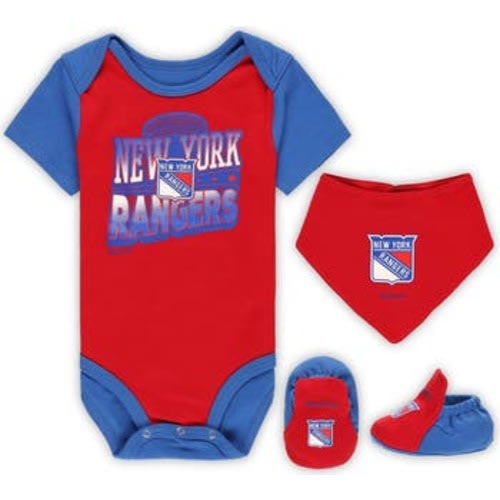 Infant Mitchell & Ness Red/Blue New York Rangers Big Score 3-Pack Bodysuit, Bib and Bootie Set, 24M