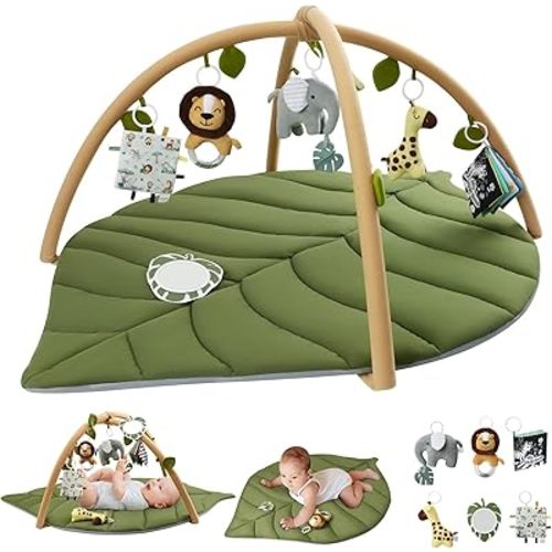Blissful Diary Baby Play Gym & Activity Mat, Oversize Leaf Shaped Baby Play Mat w 6 Detachable Toys, Tummy Time Mat Promote Motor Skills & Sensory Development Mat, Newborn Infant Baby Essentials Gift