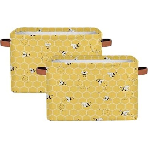 Animals Bee Storage Baskets Bin, Cute Bee Yellow Collapsible Canvas Fabric Storage Bin Decorative Baskets Toy Organizer Rectangle Storage Boxes with handles for Home Shelves Nursery,2Pack