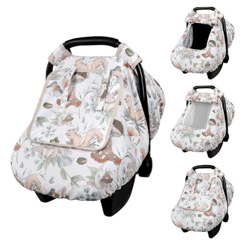 CARUILI Car Seat Cover Baby Girl Boy, Warm Winter Carseat Cover for Baby, Kick-Proof Infant Car Seat Cover with Peep Window, Windproof & Cozy, Gray Animals