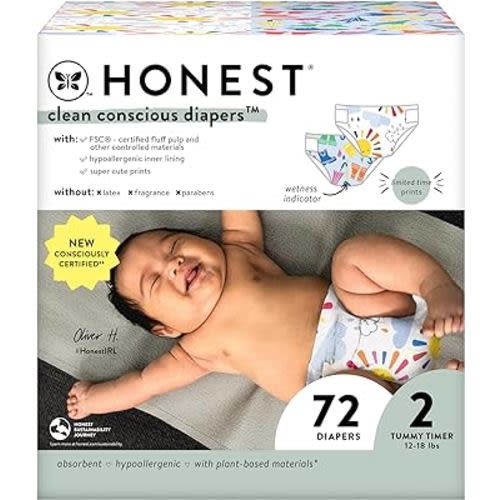 The Honest Company Clean Conscious Diapers | Plant-Based, Sustainable | Limited Edition Prints | Club Box, Size 2 (12-18 lbs), 72 Count