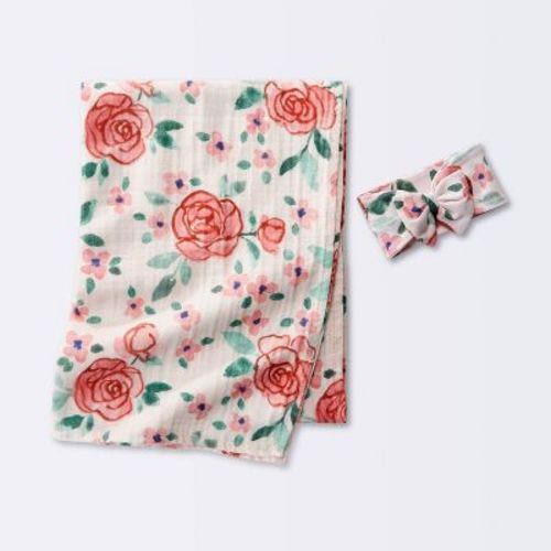 Hospital Muslin Swaddle Baby Blanket And Headband Gift Set - Floral Blooms - 2pk - Cloud Island™