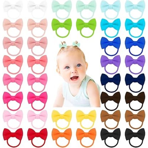 40pcs 1.6 Inches Baby Hair Ties with Bows Elastics Ponytail Holders Baby Bows Tiny Rubber Ribbon Hair Bands For Baby Girls Infants Hair Accessories