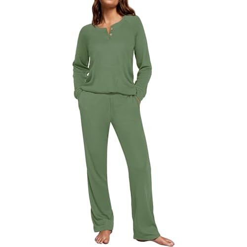 Ekouaer Waffle Knit Pajamas for Women Set Long Sleeve Pants Pj Henley Tops Lounge Sets Comfy Sleepwear with Pockets
