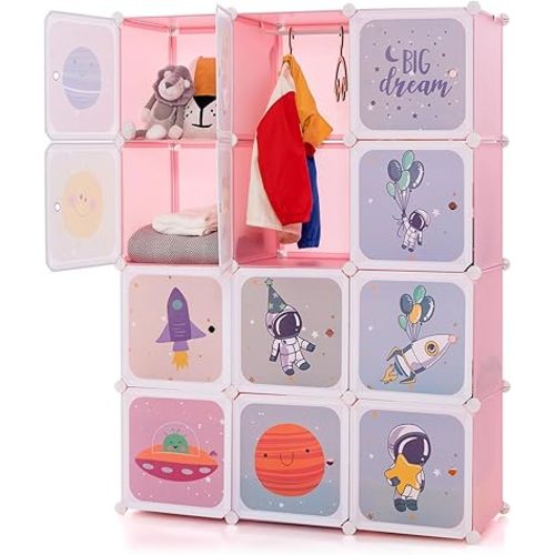 INFANS Children Wardrobe, Kid Closet Portable Baby Dresser Cute for Kids Bedroom Nursery Armoire with Doors 12 Cube 2 Hanging Sections, Kid Clothes Storage Organizer (Pink, 12 Cubes)