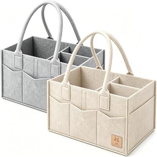 HIPHOP PANDA 2-Pack Diaper Caddy Organizer - Newborn Essentials Baby Registry Must Haves - Sturdy Nursery Storage Bin & Portable Car Caddy for Diapers & Wipes - Grey/Oatmeal Gift Set