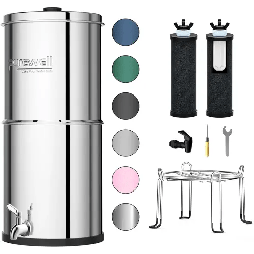 Purewell 3-Stage 0.01μm Ultra-Filtration Gravity Water Filter System, NSF/ANSI 42&372 Certification, 304 Stainless Steel Countertop System with 2 Filters and Stand, Reduce 99% Chlorine, 2.25G, PW-OB
