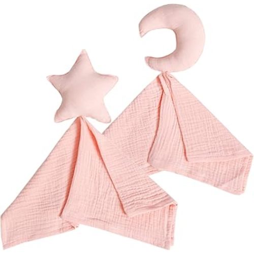 insular Baby Lovey Blanket for Boys and Girls, Organic Cotton Muslin Security Blanket for Babies, Soft Breathable Lovie Soothing Towel for Newborn and Infant, Star&Moon(Pink)