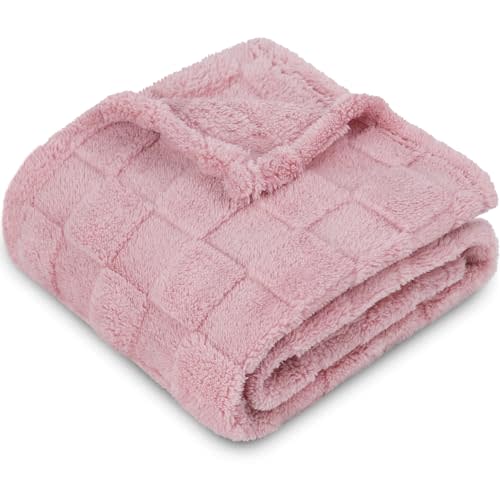 HOMRITAR 3D Gingham Fleece Baby Blanket for Girls Boys Chessboard Grid Warmer Comfort Reversible Shaggy Cozy Decor for Home Bed Blanket for Toddlers 30 x 40 Inches Coral Pink