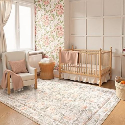 Collive Floral Area Rug 5x7, Pink Rugs for Bedroom Girls, Machine Washable Soft Low Pile Stain Resistant Carpet, Rug for Living Room Nursery Kids Playroom Dorm