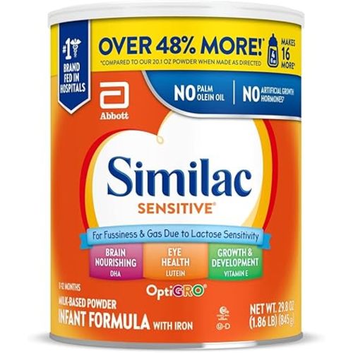 Similac Sensitive Infant Formula, for Fussiness & Gas Due to Lactose Sensitivity, Baby Formula Powder, 29.8-oz Can