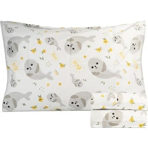 Salt Earth 100% Cotton 210TC Kids Bedsheet, Twin Sheets Set for Toddler Bed, 3 Piece Bedding Set Including Flat Sheet, Fitted Sheet, and Pillowcase, Themed Sheets for a Playful Kids Bed (Seal)