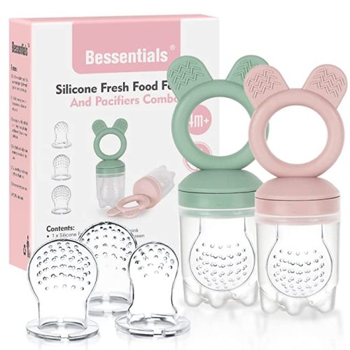 Baby Fresh Fruit Food Feeder Pacifier - 2 Packs BPA Free [3 Sizes Silicone Food Pouches Included] (Light Pink & Grass Green)