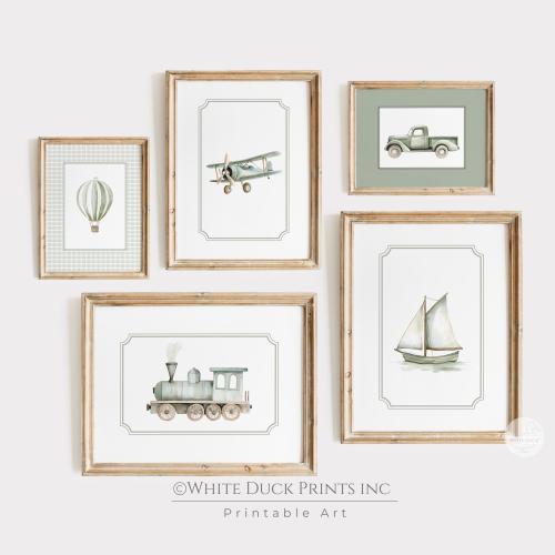 Sage Green Travel Boy Nursery Wall Art | Vintage Truck Hot Air Balloon Boat Plane Train Print Transportaion Nursery Decor | Gallery Set of 5