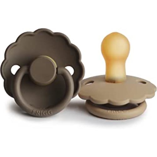FRIGG Daisy Natural Rubber Baby Pacifier | Made in Denmark | BPA-Free (Croissant/Portobello, 0-6 Months) 2-Pack