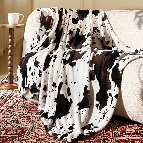 Cozy Cow Print Blanket, Super Soft Throw Blankets for Couch Bed and Travel, Plush Fuzzy Blanket for All Seasons, Non-Shedding Fleece, Cow Decor Stuff 50"x60" Black