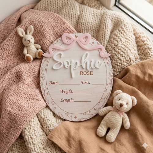 Personalized Baby Girl Birth Announcement Sign, Bow Birth Stat Keepsake, Birth Announcement, Name Sign Announcement Plaque with Bow