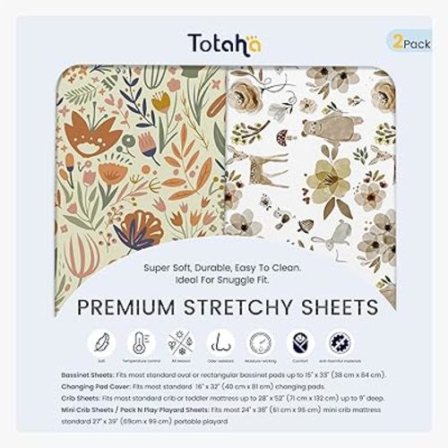 TotAha Crib Sheets for Boys Girls, Buttery Soft Crib Mattress Fitted Sheet, Super Stretchy Jesery Knit Baby Sheet, Silky Comfort Baby Bed Sheets 28x52x9 Extra Deep Pocket(Botanical Garden & Cute Bear)
