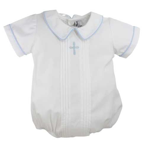 Baby Boys White & Blue Dressy Romper, Dedication Outfit with Cross, Cute Infant Boys Embroidered Bubble, Baptism Christening Outfit