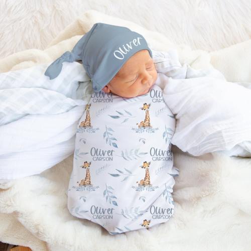 Giraffe Swaddle Blanket- Blanket Beanie Hat Set -Personalized Baby Boy Blanket Take home outfit -Safari Baby Shower Gift Giraffe Bedding 358