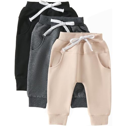 Toddler Baby Boys Girls Sweatpants 3 Pack Solid Color Elastic Waist Trousers Bottoms Casual Pants Multipacks Long Pants