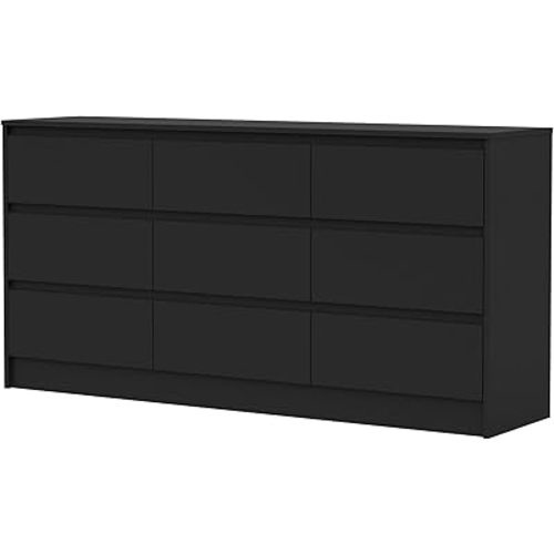 Modern 9 Drawer Wood Dresser for Bedroom, Large Floor Storage Drawer Cabinet Lateral Chest of Drawers Handle Free Organizer for Closet Living Room (Black, 9 Drawer)