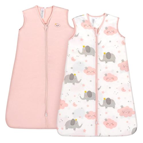 TILLYOU Sleep Sack 0-6 Months - 0.5 TOG Baby Wearable Blanket with 2-Way Zipper, Extra Soft Cotton Sleeveless Sleeping sack 2 Pack, Pink Elephant & Cloud