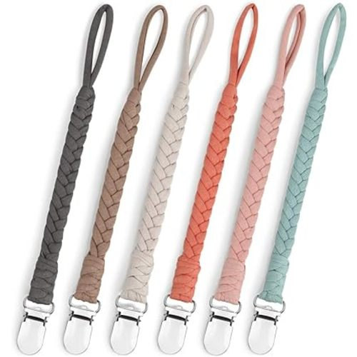 Pacifier Clip for Boys and Girls, Handmade Braided Cotton Baby Pacifier Holder Leash Smoother Clip Fits All Pacifiers Modern Unisex Baby Shower Set 6 Pack