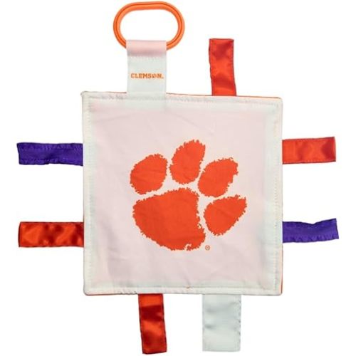 Clemson University Baby Tag Toy - College Baby Sensory Crinkle Toys - Soft & Safe - Ideal Baby Stroller Toy - BPA Free w/Stroller Clip (8" x 8" Tag Toy)