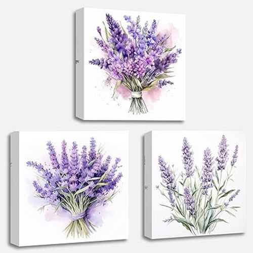 QIXIANG Lavender Canvas Wall Art 3 Pieces Rustic Purple Flowers Country Floral Painting Prints for Bathroom Bedroom Living Room Decor Framed (Lavender,16.00" x 16.00" x3Pcs)