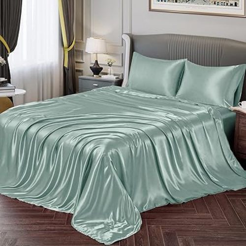 Vonty Satin Sheets Twin Silky Soft Satin Bed Sheets Mint Green Sheet Set, 1 Deep Pocket Fitted Sheet + 1 Flat Sheet + 1 Pillowcases