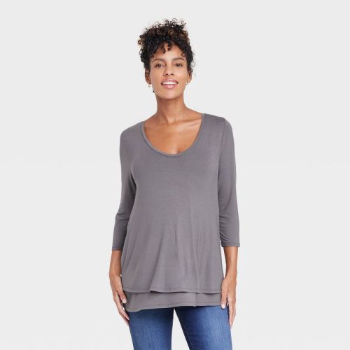 3/4 Sleeve Scoop Neck Nursing Maternity T-Shirt - Isabel Maternity by Ingrid & Isabel™, Color: Gray, Size: M