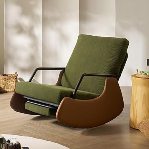 Nursery Rocking Chair with Adjustable Backrest & Footrest, Soft Fabric Upholstered Small Glider Rocker, Modern Living Room Armchair, Bedroom Chair, Brown Faux Leather, Green Corduroy