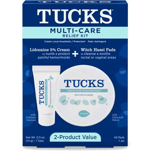 Tucks Multi-Care Relief Kit – 40 Count Witch Hazel Pads & 0.5 oz. Lidocaine Cream - Protects from Irritation, Hemorrhoid Treatment Medicated Pads Used by Hospitals