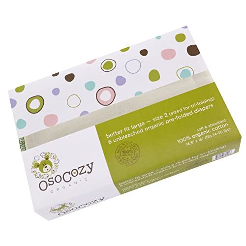 OsoCozy Organic Cotton Prefold Cloth Diapers (6pk) - Super-Soft, Thick, Absorbent, Durable and Ecologically Friendlier.