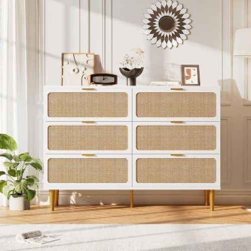 Natural Rattan 6-Drawer Dresser with Deep Drawers and Wide Top, Large Wooden Chest for Bedroom, Living Room, Hallway & Kids Room