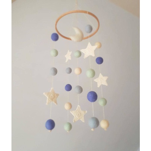 Moon Baby Mobile, Stars Cot Mobile, WoodLand Crib Mobile, Mint Blue Decor, Felt Nursery Mobile, Pom Pom Hanging Mobile, Neutral Newborn Gift