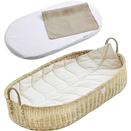 Premium Baby Changing Basket - Handmade Natural Rattan Moses Basket - Luxury Leaf Liner - Thick & Waterproof Bamboo Pad - Vegan Leather Baby Changing Mat - Baby Changing Pad (Rattan)