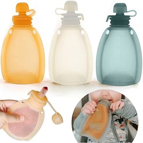 Reusable Silicone Food Pouch for Baby and Toddlers, Squeezable Pouch, Squeeze Pouch, Easy Clean Silicone Pouch for Pre-K and School, Homemade Baby Food Storage, 4oz (Orange-Green-White 3 Pack)