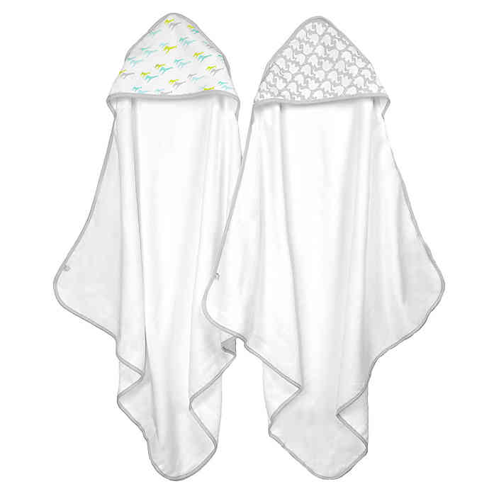 Just Born Neutral Hooded Towel Set - White/Green, Giraffe and Elephant, 2