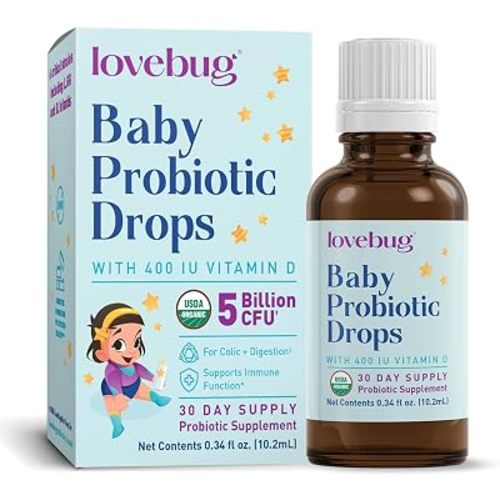 LOVEBUG Baby Probiotic Drops - Organic Probiotics for Immune Support and Baby Constipation & Colic Relief - Tasteless & Sugar-Free Liquid Drops for Newborns, Babies & Infants (0-12 Months) - 10ml