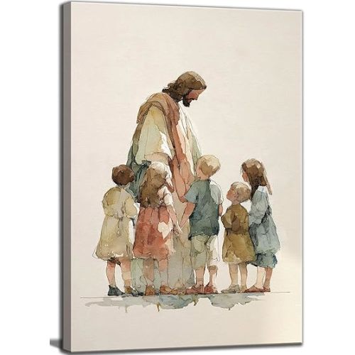 Jesus Children Canvas Wall Art Watercolor Jesus Child Painting Decor Pictures Nursery Christian God Posters Prints for Dining Living Prayer Room Kitchen Church Wall Bedroom Decoration