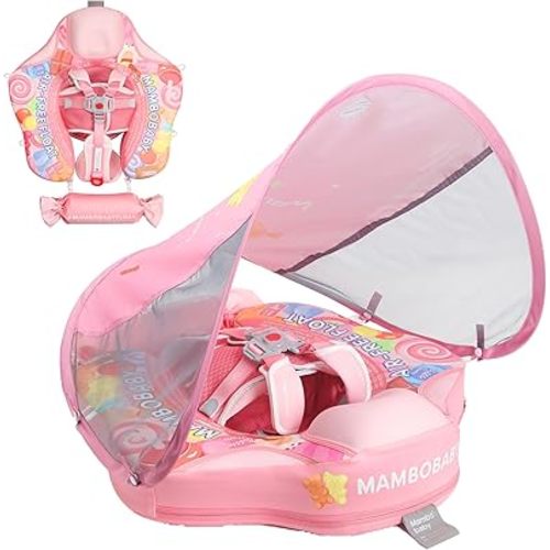 Mambobaby Float with Canopy Removable Baby Swimming Pool Float Non Inflatable Baby Safety Float Upgraded Tail Soft Skin-Friendly Material Swim Float for Toddler Infant 3-24 Months, Candy