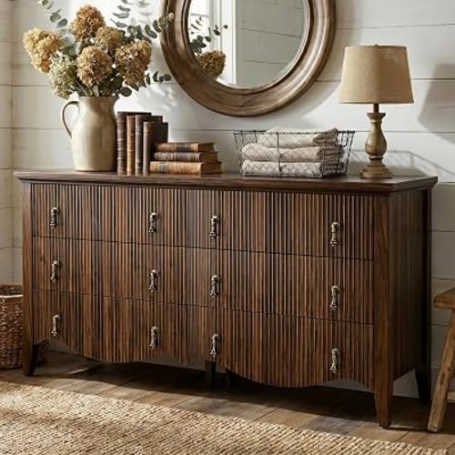 FUSUNBAO 6-Drawer Fluted Dresser, Wide Double Chest of Drawers,Walnut