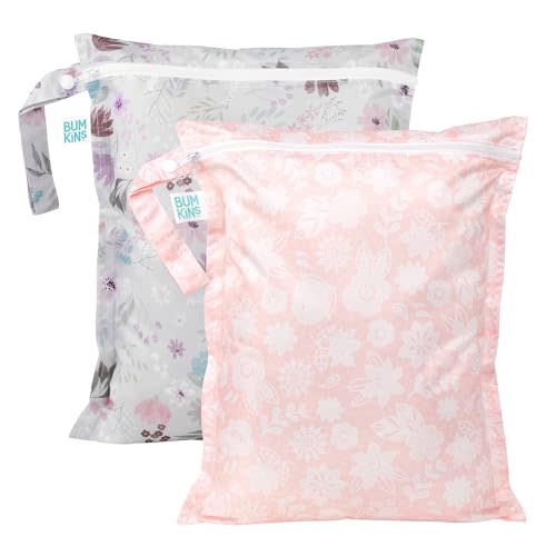 Bumkins - Waterproof Wet Bag - For Baby, Travel, Swim Suit, Cloth Diapers, Pump Parts, Pool, Gym, Toiletry, Strap to Stroller - Reusable & Easy to Clean - 2pk - Floral & Lace