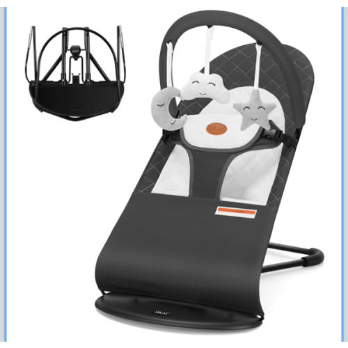 HKAI Baby Bouncer, Portable Baby Bouncer Seat for Babies 0-18 Months, 100% Cotton Fabrics, 3 Modes of use with Rocker and Stationary Options, Infant Rocker Chair with Hanging Toys-Dark Grey