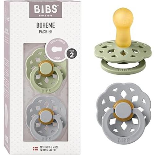 BIBS Pacifiers - Boheme Collection | BPA-Free Baby Pacifier | Made in Denmark | Set of 2 Sage/Cloud Color Premium Soothers | Size 6-18 Months